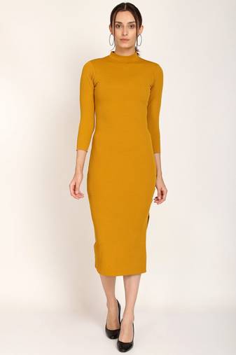 Mustard polyester bodycon women's dress