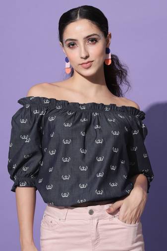 Casual half sleeve printed  women's navy blue top