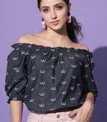 Casual half sleeve printed  navy blue top