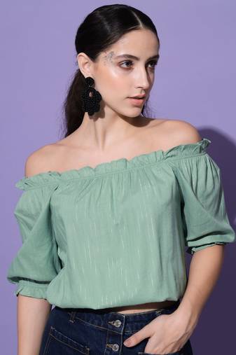 Casual half sleeve striped  women's sea green top