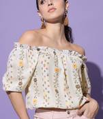 Casual half sleeve floral print  beige top