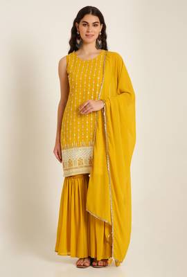 Corn yellow embroidered georgette  Kurta pant and sharara set 1