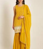 Corn yellow embroidered georgette women's kurta and sharara set