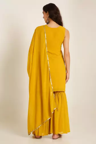 Corn yellow embroidered georgette  Kurta pant and sharara set