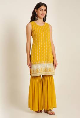 Corn yellow embroidered georgette  Kurta pant and sharara set 3