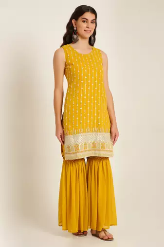 Corn yellow embroidered georgette  Kurta pant and sharara set