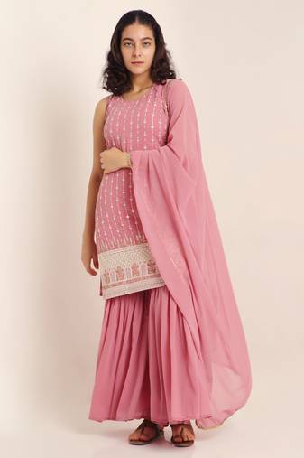 Flamingo pink embroidered georgette women's kurta and sharara set