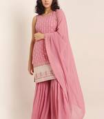 Flamingo pink embroidered georgette women's kurta and sharara set