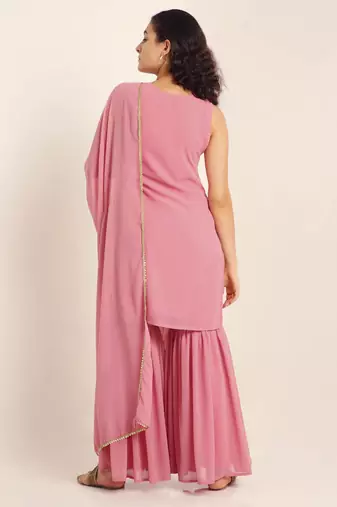 Flamingo pink embroidered georgette  Kurta pant and sharara set