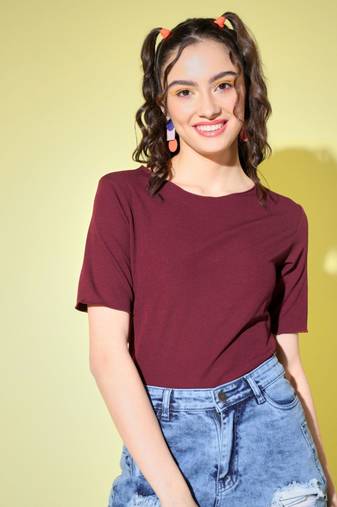 Party half sleeve solid  women's maroon top