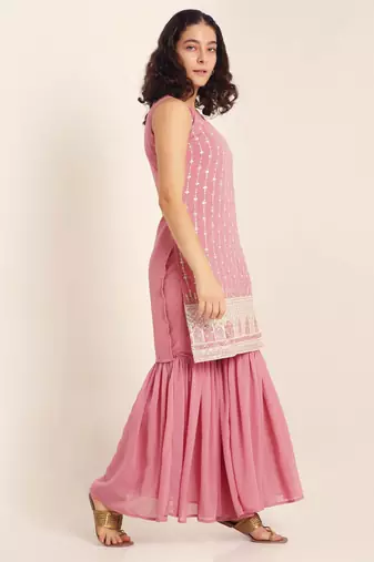 Flamingo pink embroidered georgette  Kurta pant and sharara set