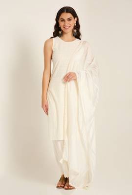 Pearl cream embroidered rayon  Kurta Palazzo and dupatta set 1