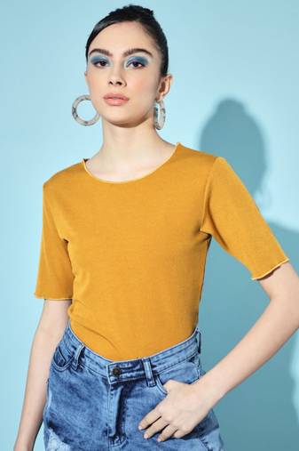 Party half sleeve solid  women's mustard top