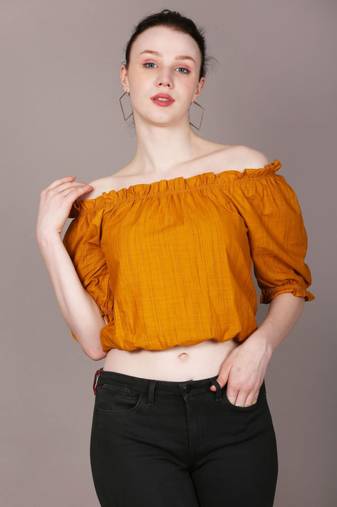 Casual half sleeve solid  women's mustard top