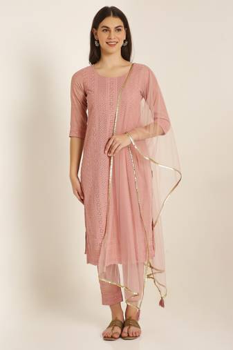 Peach embroidered silk blend women's kurta, pyjama & dupatta set