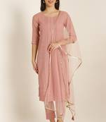 Peach embroidered silk blend women's kurta, pyjama & dupatta set