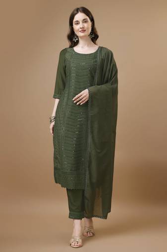 Olive green embroidered silk blend women's kurta, pyjama & dupatta set