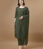 Olive green embroidered silk blend women's kurta, pyjama & dupatta set