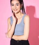 Casual no sleeve solid  women's sky blue top