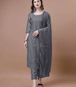 Dim grey embroidered silk blend women's kurta, pyjama & dupatta set