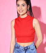 Casual no sleeve solid  women's red top