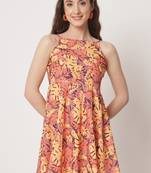 Orange polyester flared women's dress