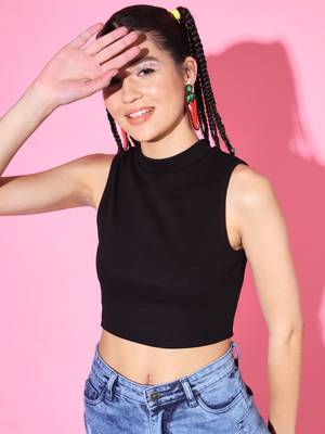 Casual no sleeve solid  black top 1