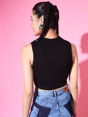 Casual no sleeve solid  black top 2