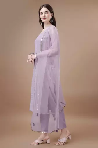 Purple embroidered silk blend  Kurta pant  with dupatta set