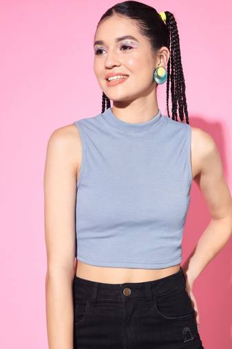 Casual no sleeve solid  women's sky blue top