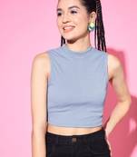 Casual no sleeve solid  women's sky blue top