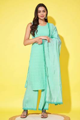 Aqua cyan embroidered rayon  Kurta Palazzo and dupatta set 1