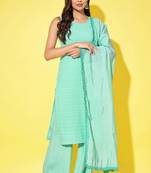 Aqua cyan embroidered rayon women's kurta,palazzo and dupatta set