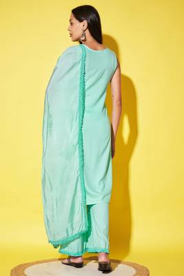 Aqua cyan embroidered rayon  Kurta Palazzo and dupatta set 2