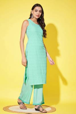 Aqua cyan embroidered rayon  Kurta Palazzo and dupatta set 3
