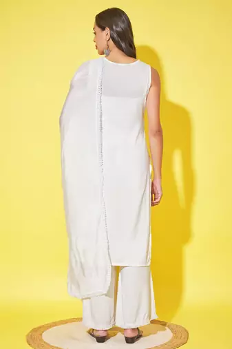 Off white embroidered rayon  Kurta Palazzo and dupatta set