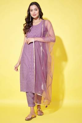 Purple mauve embroidered silk blend women's kurta, pyjama & dupatta set 1