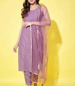 Purple mauve embroidered silk blend women's kurta, pyjama & dupatta set