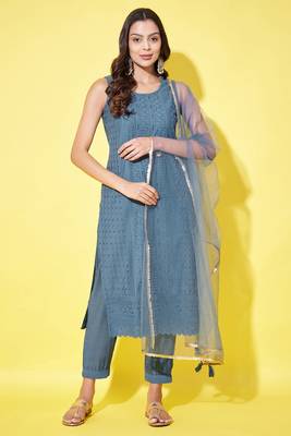 Berlin blue embroidered silk blend  Kurta pant  with dupatta set 1