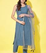 Berlin blue embroidered silk blend women's kurta, pyjama & dupatta set