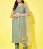 Moss green embroidered silk blend women's kurta, pyjama & dupatta set