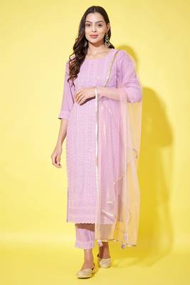 Purple embroidered silk blend  Kurta pant  with dupatta set 1