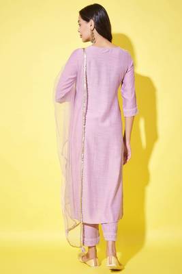 Purple embroidered silk blend  Kurta pant  with dupatta set 2