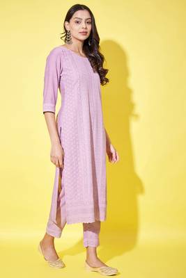 Purple embroidered silk blend  Kurta pant  with dupatta set 3