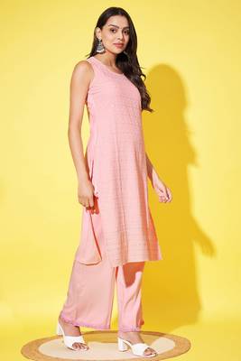 Blushing peach embroidered rayon  Kurta Palazzo and dupatta set 3