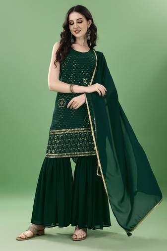 Bottle green embroidered georgette women's kurta and sharara set