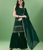 Bottle green embroidered georgette women's kurta and sharara set