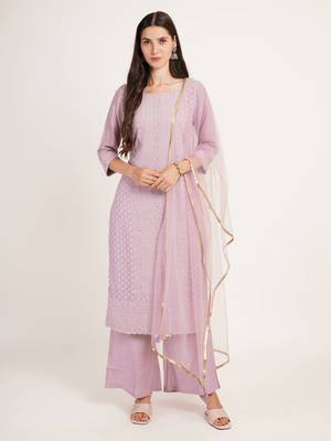 Purple embroidered silk blend  Kurta pant and palazzo set 1