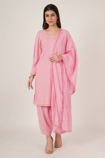 Pastel pink embroidered rayon women's kurta, pyjama & dupatta set