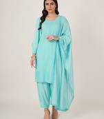 Aqua cyan embroidered rayon women's kurta, pyjama & dupatta set